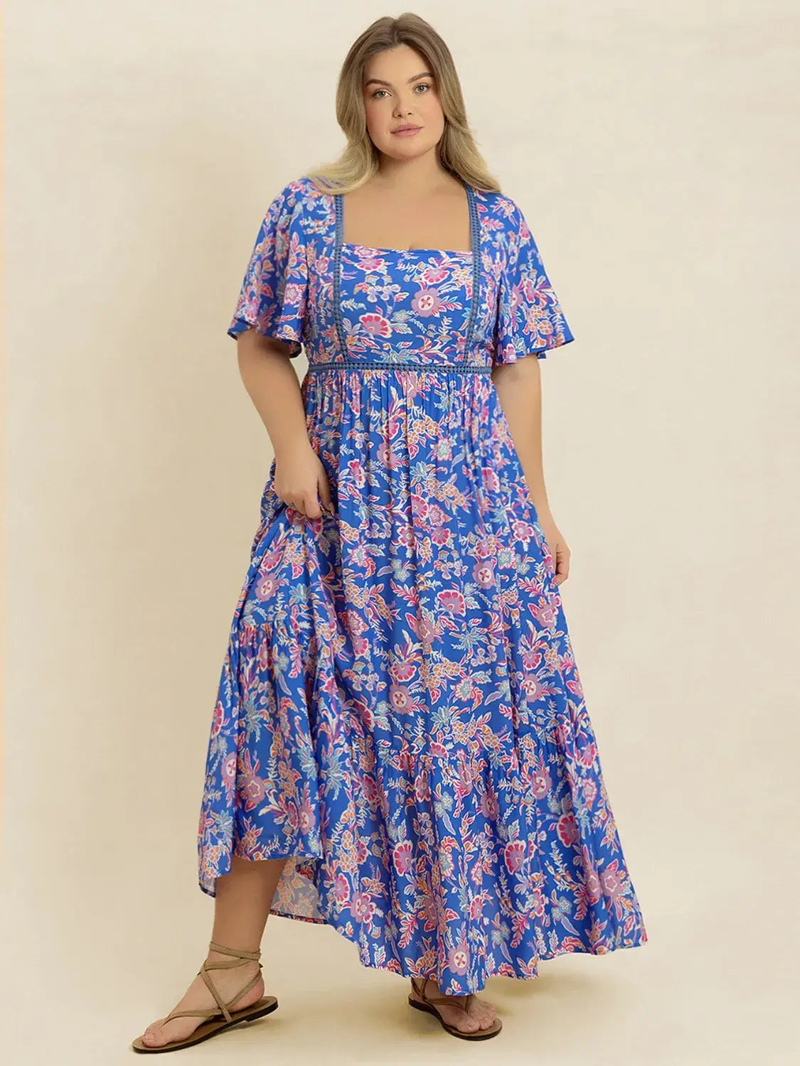 Plus Size Ruched Printed Short Sleeve Dress - Trendsi - Flyclothing LLC