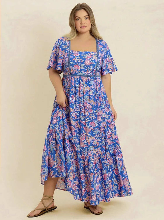 Plus Size Ruched Printed Short Sleeve Dress - Trendsi - Flyclothing LLC