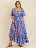 Plus Size Ruched Printed Short Sleeve Dress - Trendsi