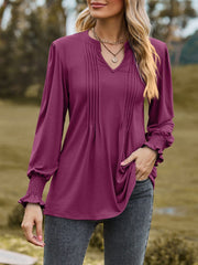 Ruched Notched Long Sleeve T-Shirt - Trendsi