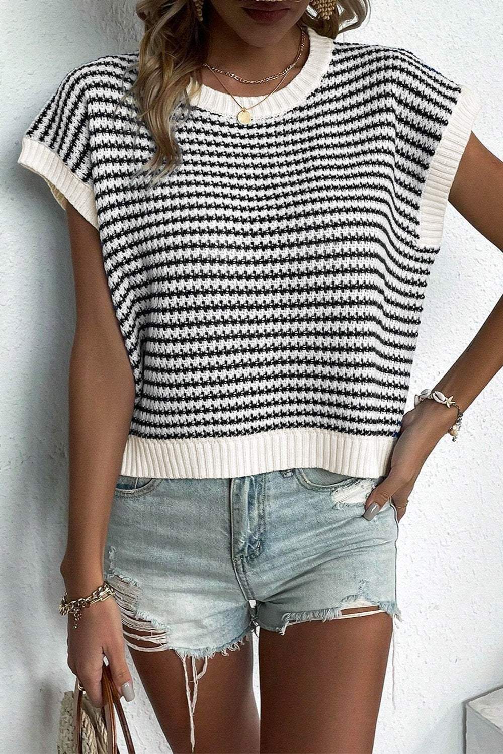 Striped Round Neck Sweater Vest - Trendsi - Flyclothing LLC