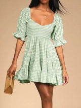 Ruffled Hem Plaid Half Sleeve Mini Dress - Trendsi - Flyclothing LLC