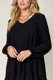 Double Take Full Size V-Neck Balloon Sleeve Tiered Dress - Trendsi - Flyclothing LLC