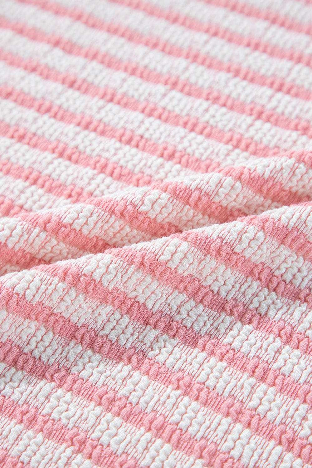 Stripe Textured Puff Sleeve Crewneck Top - Trendsi - Flyclothing LLC