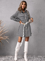 Pocketed Plaid Long Sleeve Mini Dress - Trendsi
