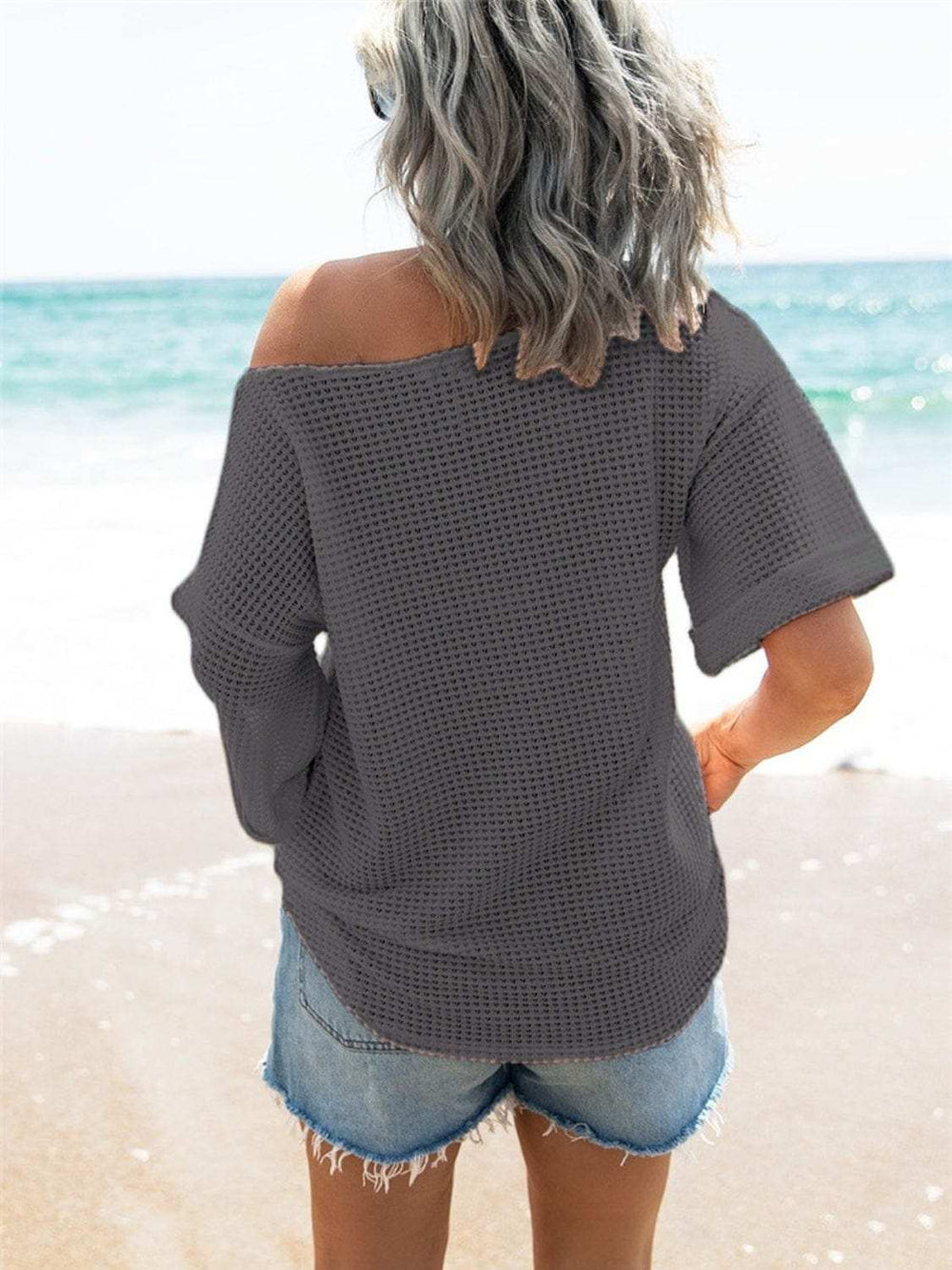 Waffle Knit Boat Neck Half Sleeve T-Shirt - Trendsi - Flyclothing LLC