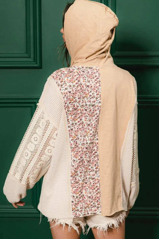 BiBi Slub Jersey with Lace Combo Buttoned Hoodie Top - Trendsi - Flyclothing LLC