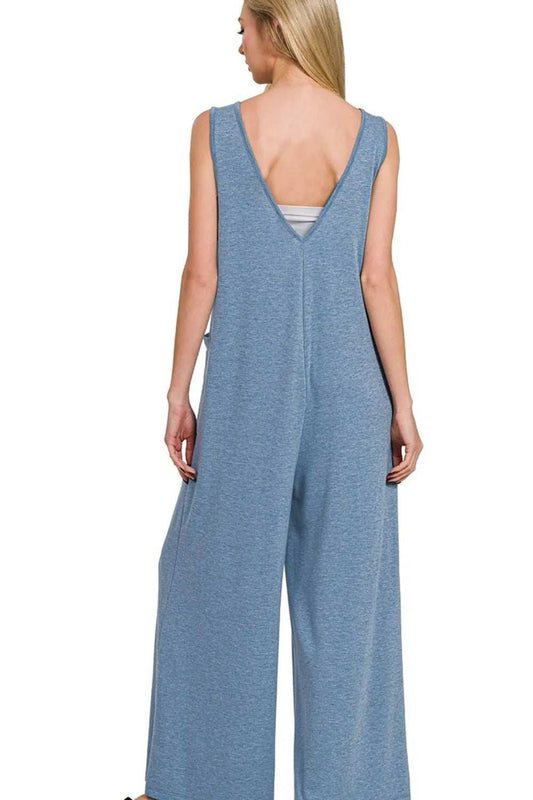 Zenana French Terry Deep V Neck Jumpsuits - Trendsi - Flyclothing LLC