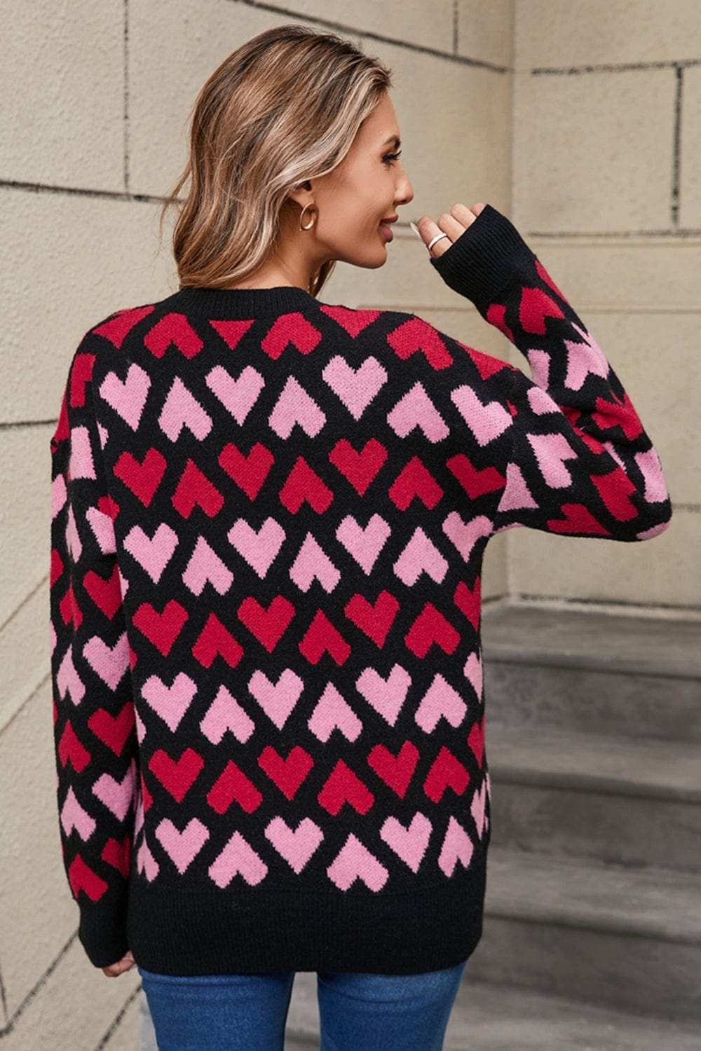 Angel Wings Contrast Heart Round Neck Sweater - Trendsi - Flyclothing LLC