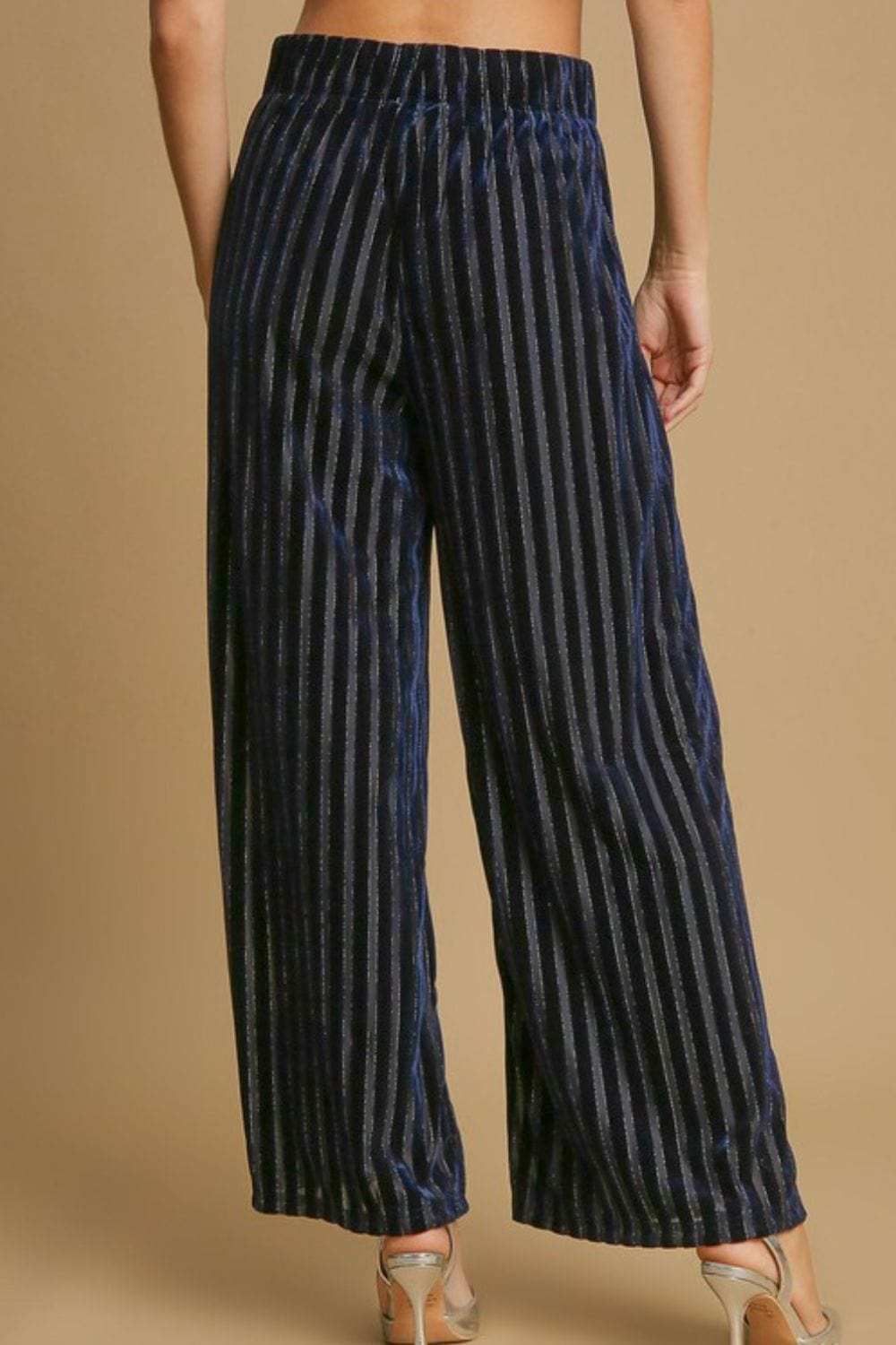 Umgee Full Size Elastic Waist Striped Wide Leg Velvet Pants - Trendsi - Flyclothing LLC