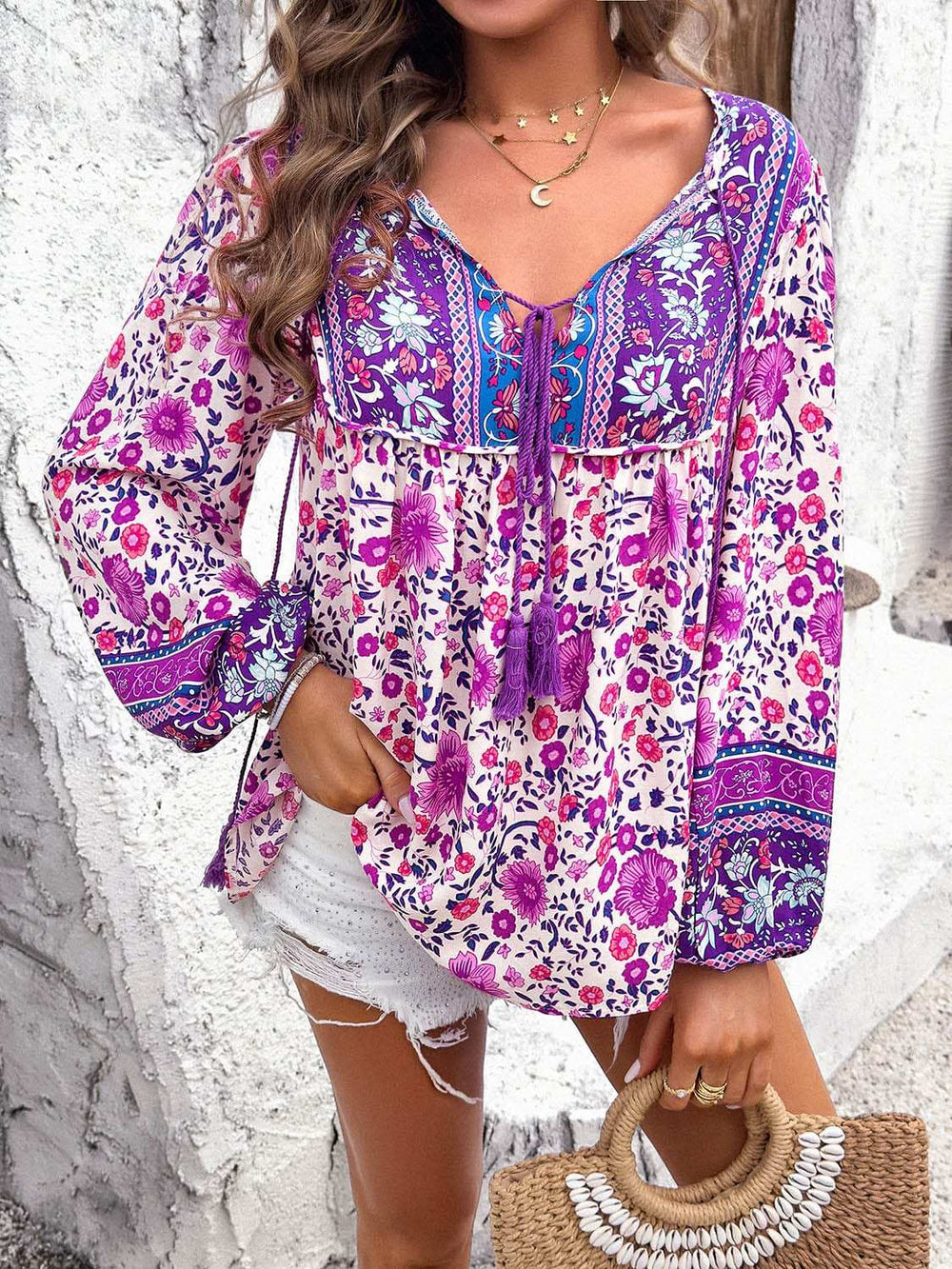 Printed Tie Neck Long Sleeve Blouse - Trendsi - Flyclothing LLC