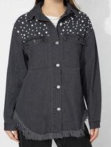 Raw Hem Pearl Trim Collared Neck Denim Top - Trendsi - Flyclothing LLC