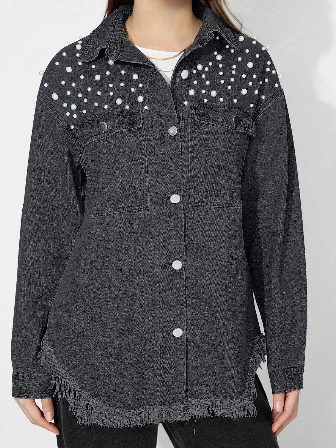Raw Hem Pearl Trim Collared Neck Denim Top - Trendsi - Flyclothing LLC