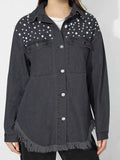 Raw Hem Pearl Trim Collared Neck Denim Top - Trendsi - Flyclothing LLC
