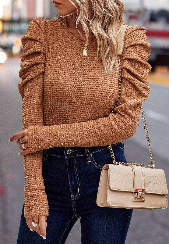 Decorative Button Round Neck Puff Sleeve Blouse - Trendsi - Flyclothing LLC