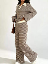 Striped Long Sleeve Polo and Wide-Leg Pants Set - Trendsi - Flyclothing LLC