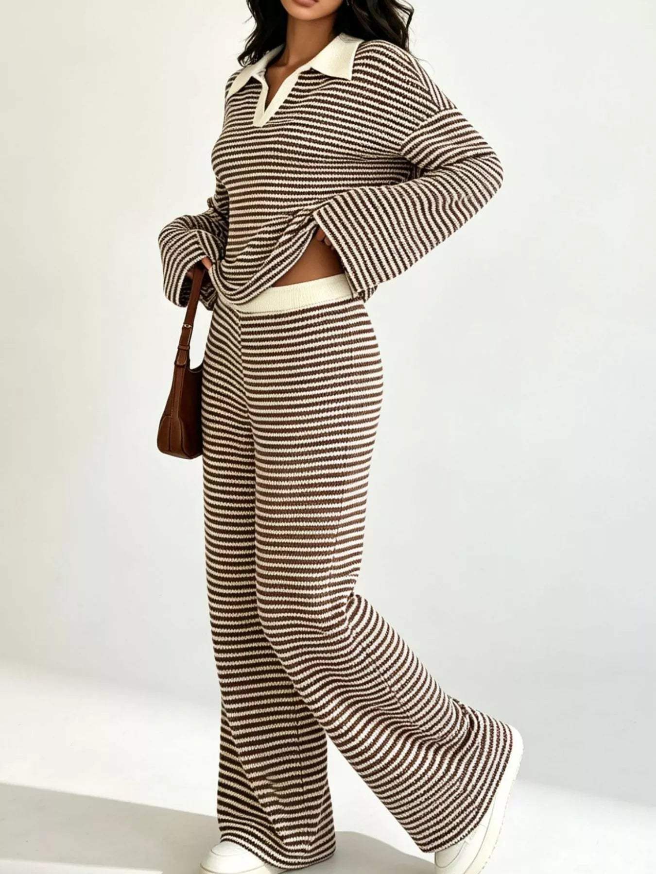 Striped Long Sleeve Polo and Wide-Leg Pants Set - Trendsi - Flyclothing LLC