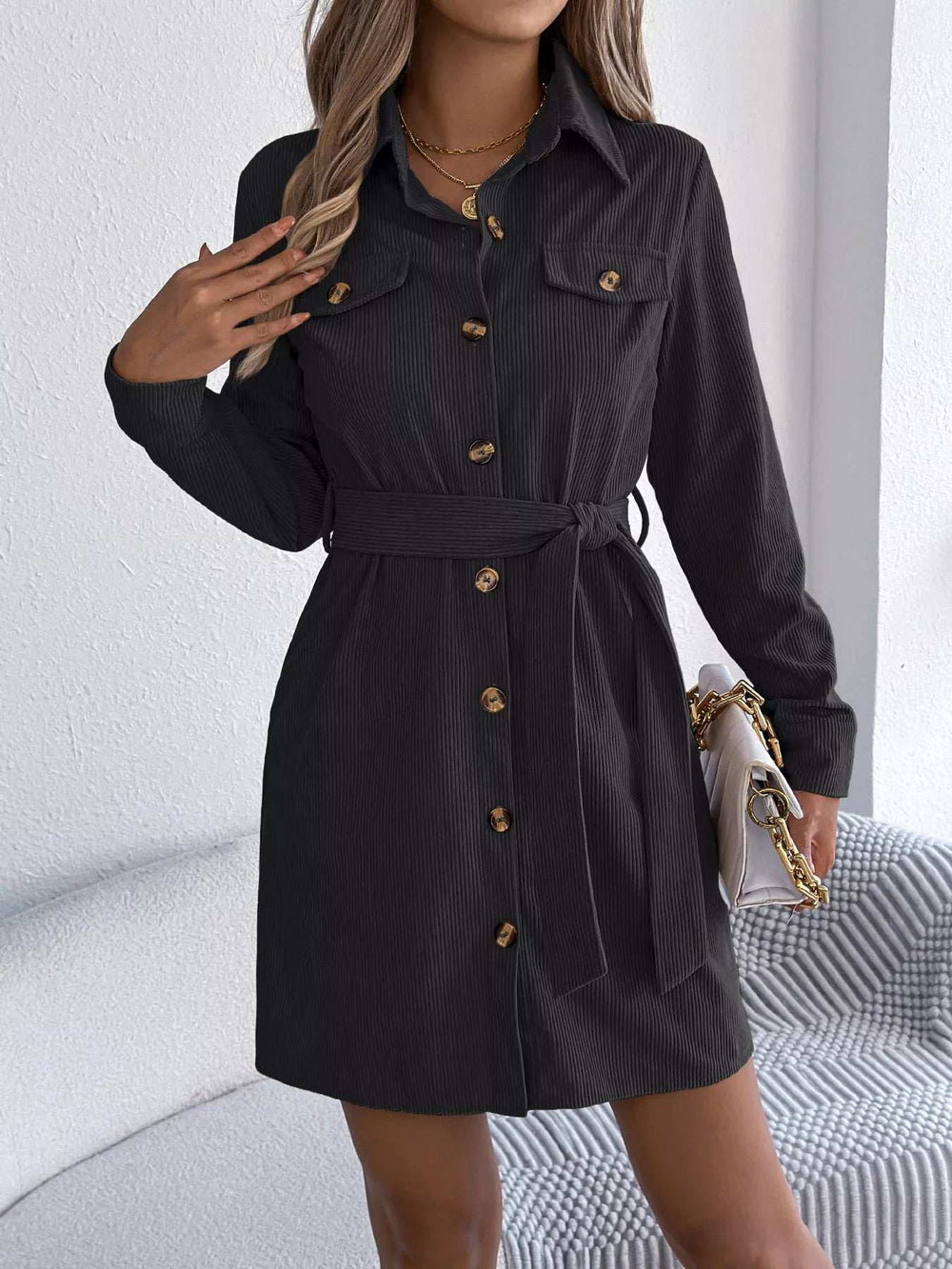 Button-Front Corduroy Shirt Dress - Trendsi - Flyclothing LLC