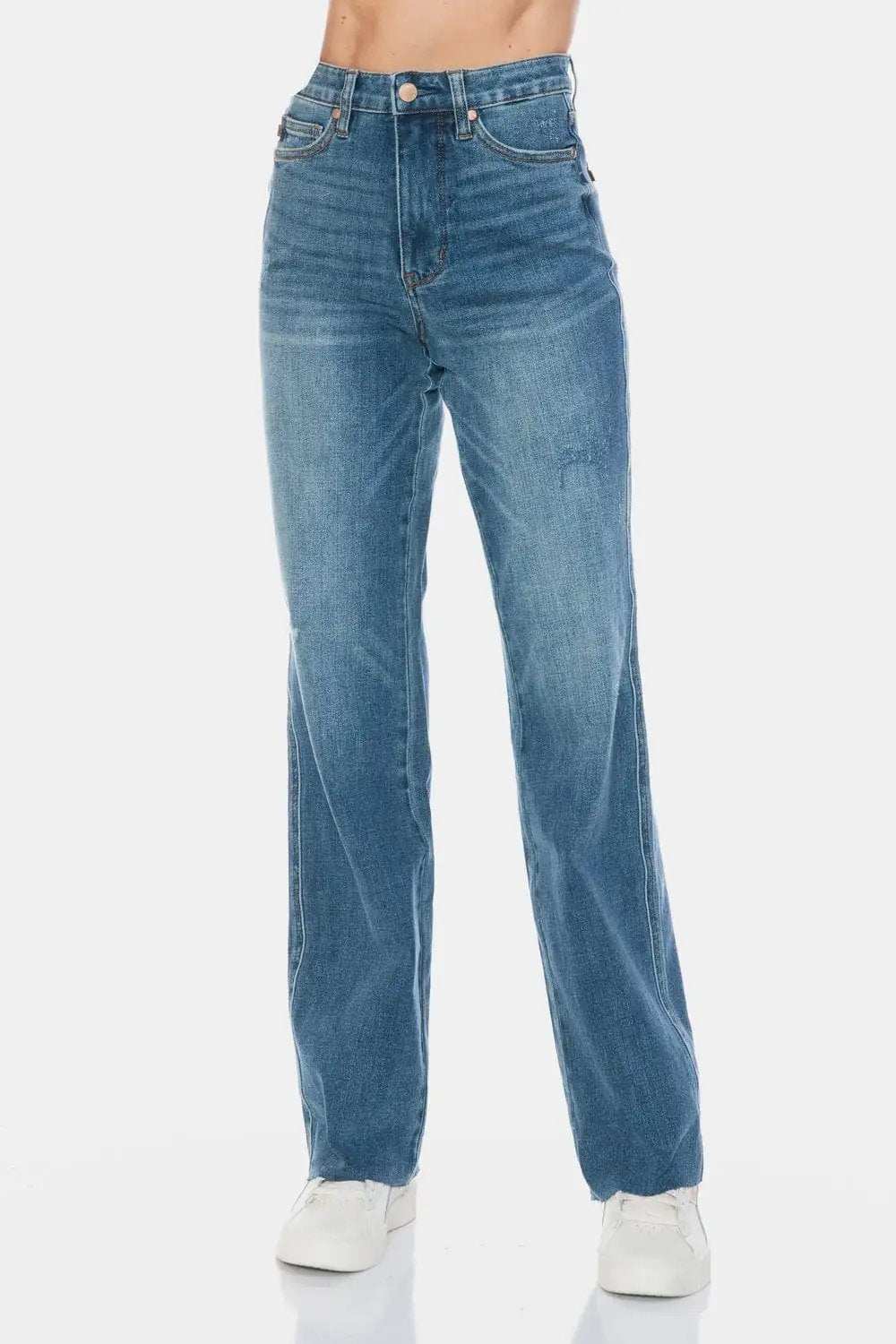 Judy Blue Full Size Tummy Control Cut Raw Hem Straight Jeans - Trendsi - Flyclothing LLC