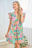 First Love Ruffled Printed Notched Cap Sleeve Dress - Trendsi