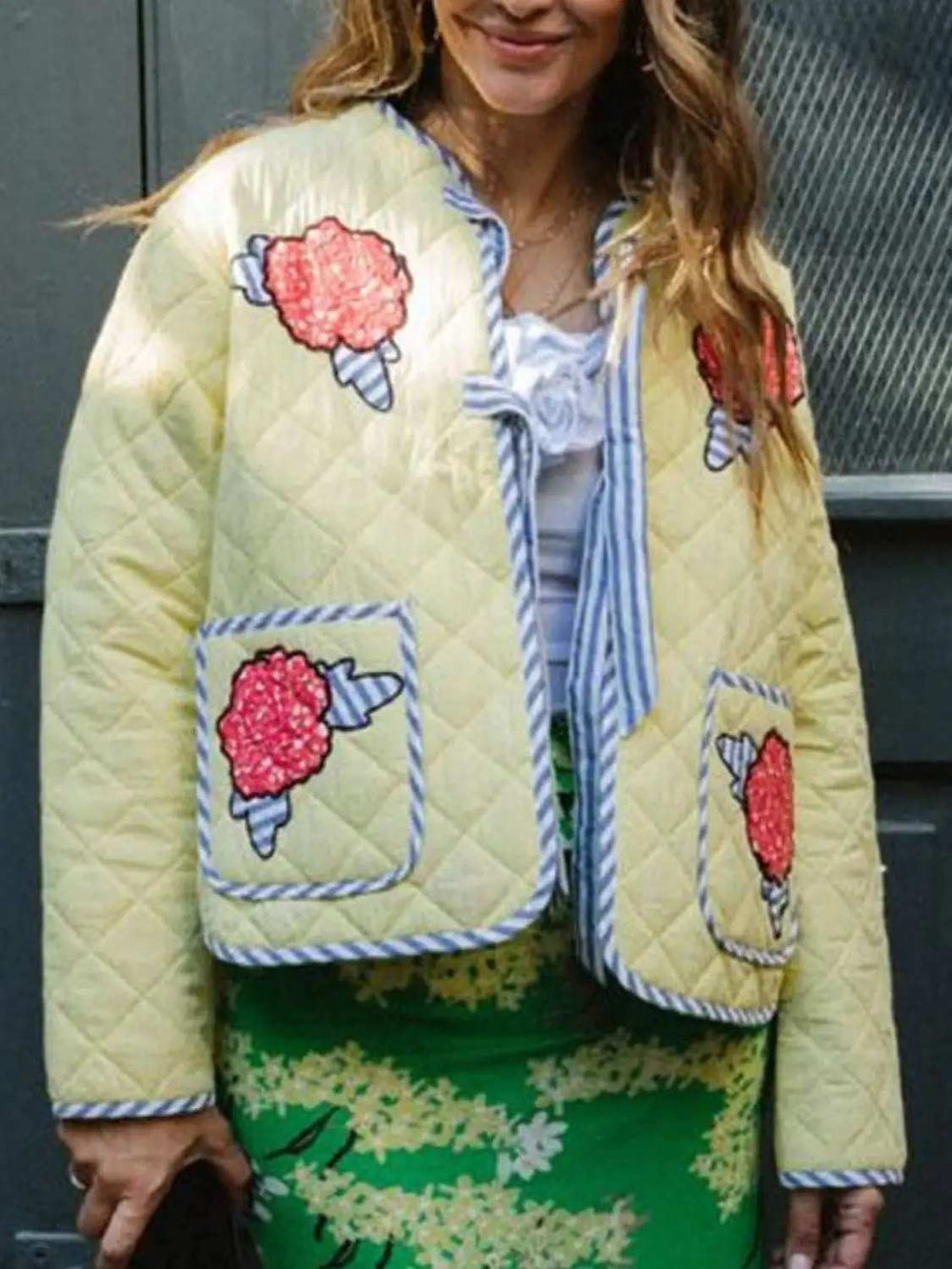 Embroidered Flower Tied Long Sleeve Winter Coat - Trendsi - Flyclothing LLC