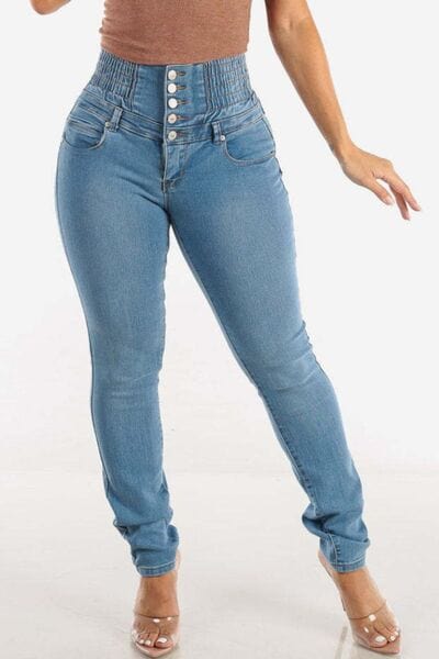 High Waist Buttoned Skinny Hip Lifting Jeans - Trendsi