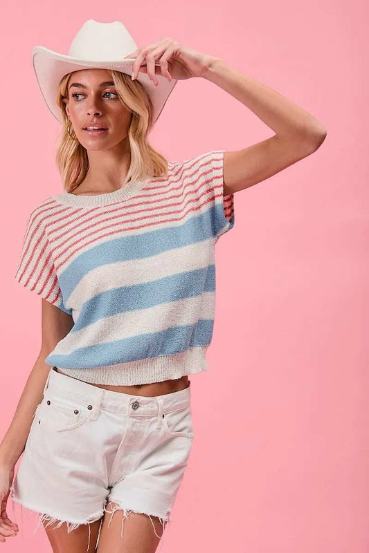 BiBi Stripes Lightweight Short Sleeve Sweater - Trendsi - Flyclothing LLC
