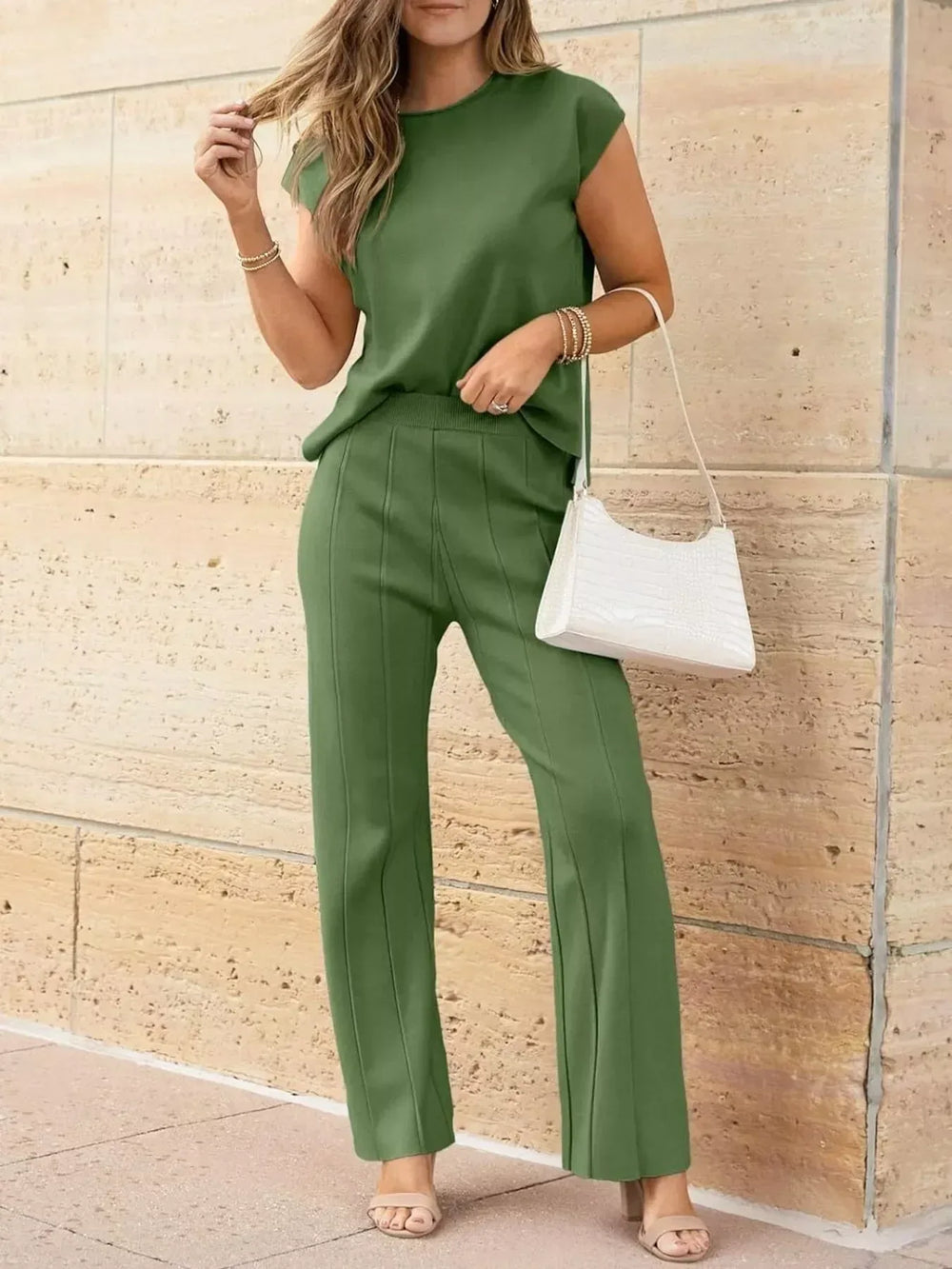 Casual Solid Color Cap Sleeve Top and Pants Knit Set - Trendsi - Flyclothing LLC
