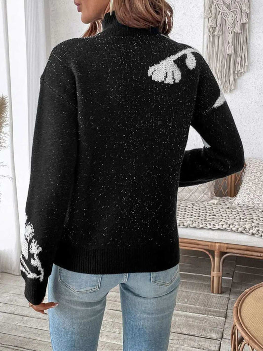 Perfee Flower Mock Neck Long Sleeve Sweater - Trendsi - Flyclothing LLC
