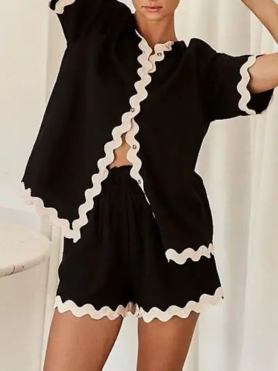 Contrast Trim Half Sleeve Top and Shorts Set - Trendsi - Flyclothing LLC