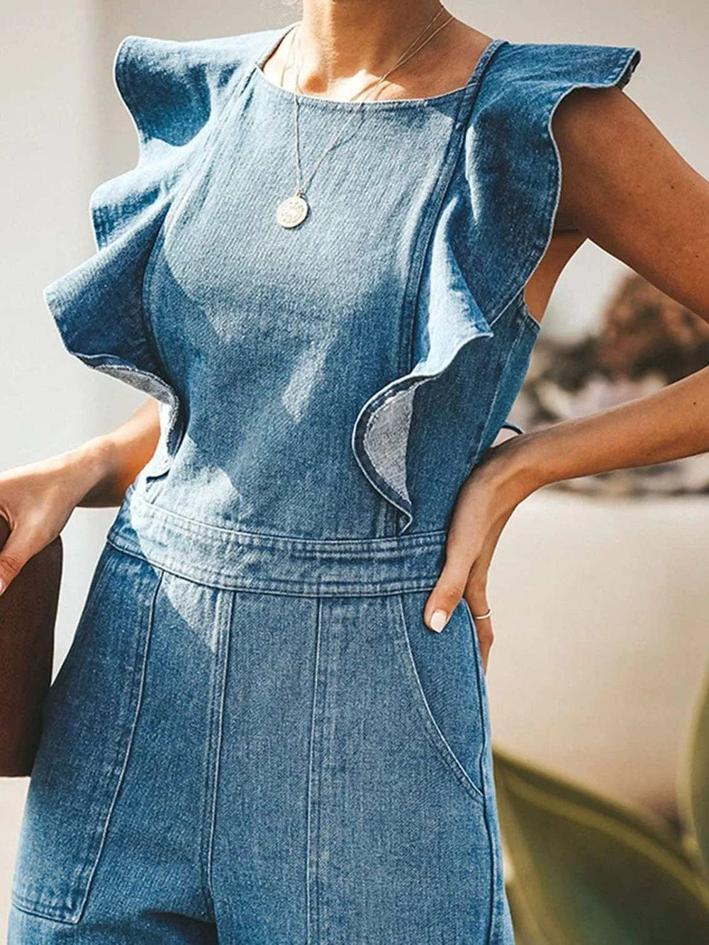 Ruffled Backless Sleeveless Denim Jumpsuit - Trendsi - Flyclothing LLC