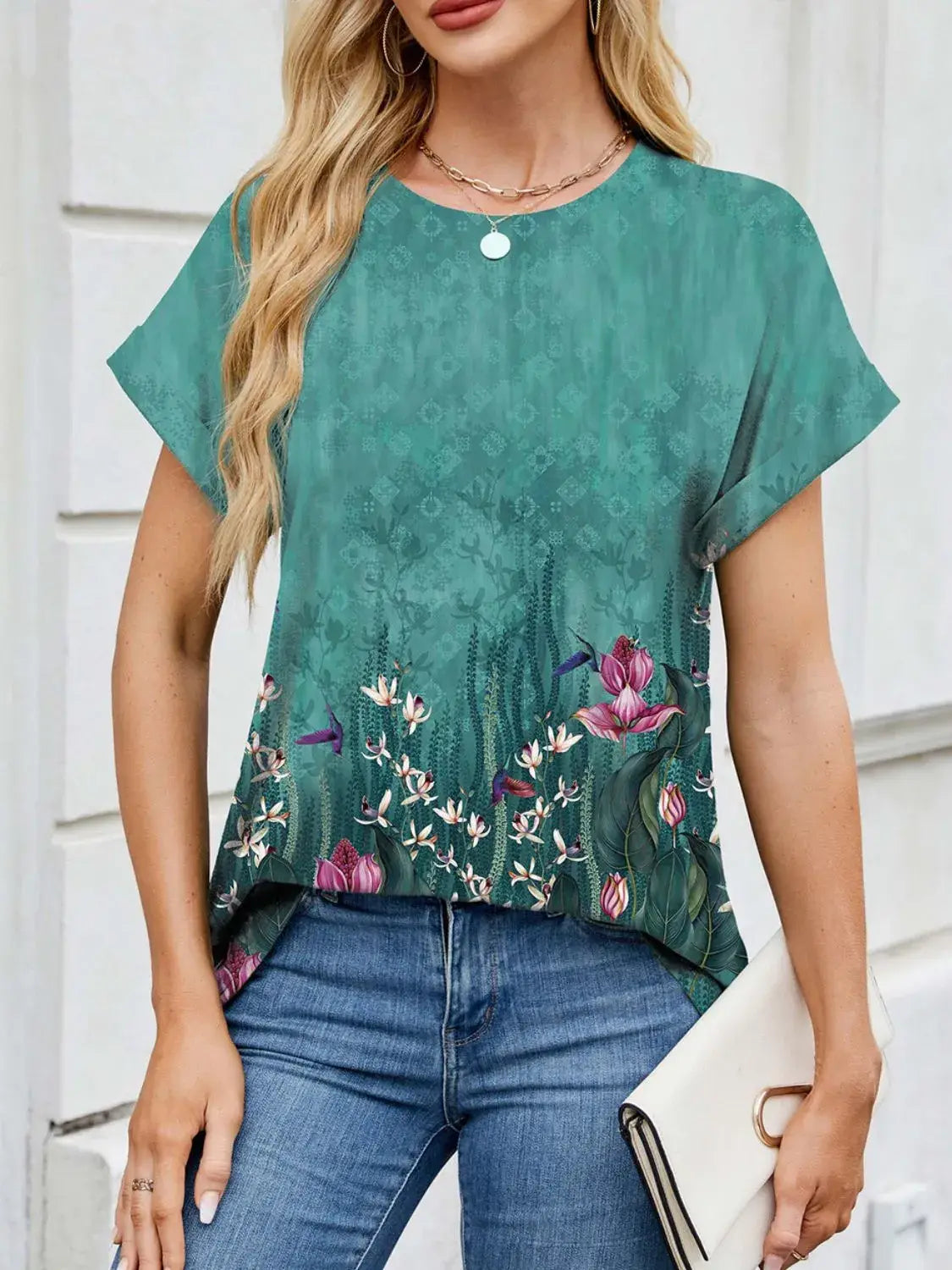 Printed Round Neck Short Sleeve Top - Trendsi - Flyclothing LLC