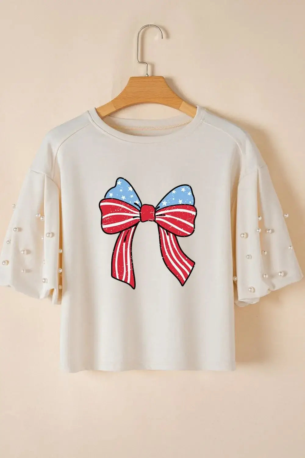 Bowknot Graphic Pearl Puff Half Sleeve T Shirt - Trendsi - Flyclothing LLC