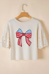 Bowknot Graphic Pearl Puff Half Sleeve T Shirt - Trendsi - Flyclothing LLC