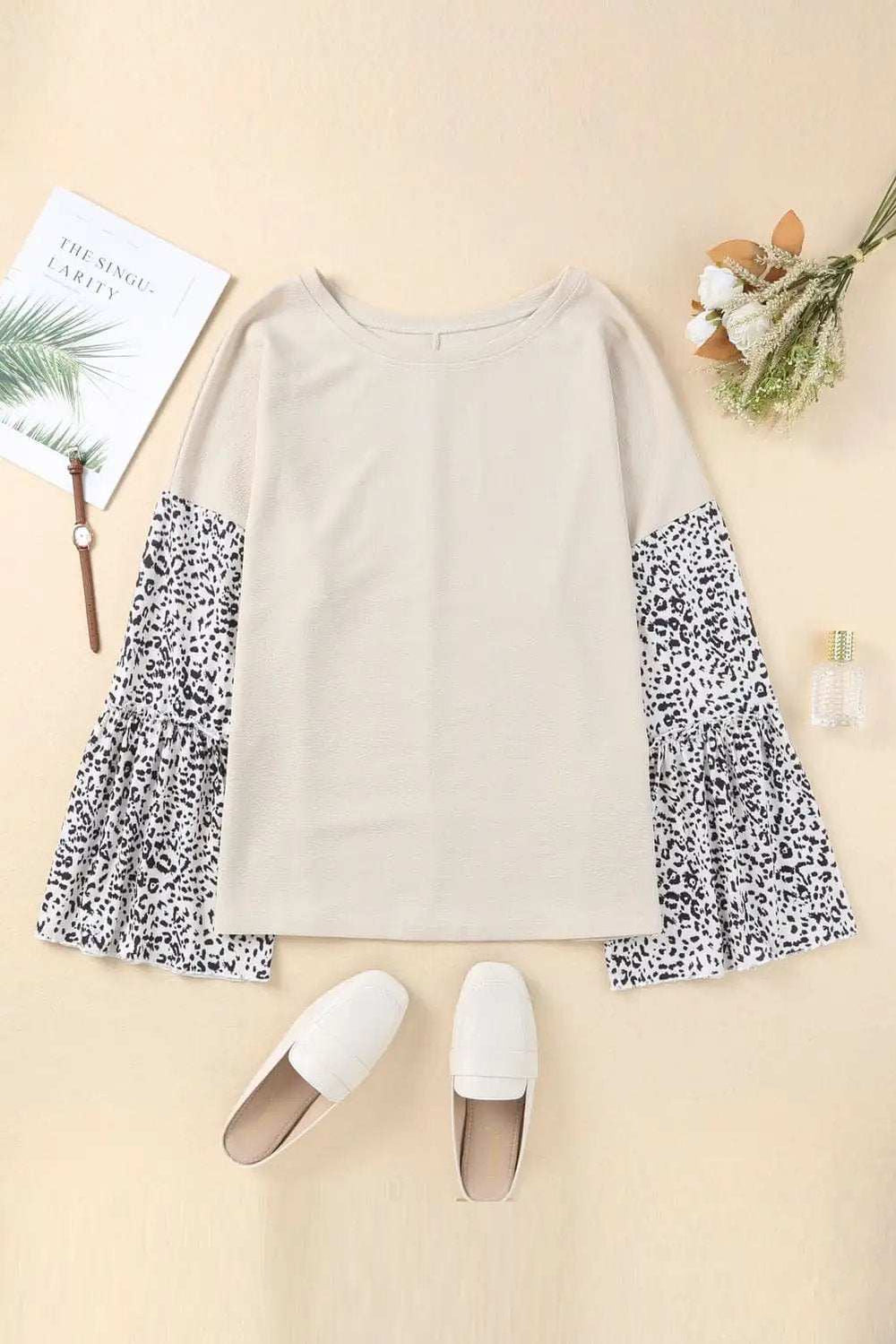 Plus Size Leopard Round Neck Long Sleeve Top - Trendsi - Flyclothing LLC