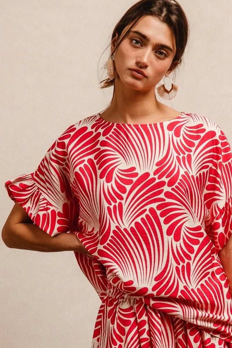 BiBi Print Woven Ruffled Sleeves Top - Trendsi - Flyclothing LLC