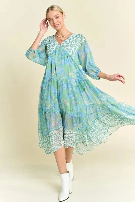 Davi & Dani Geo and Floral Print Mixed Tiered Dress - Trendsi