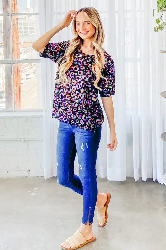 And The Why Leopard Foil Printed Half Sleeve Summer Sweater - Trendsi - Flyclothing LLC