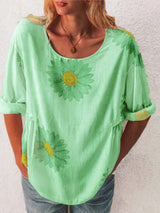 Full Size Flower Round Neck Half Sleeve T-Shirt Plus Size - Trendsi - Flyclothing LLC
