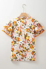 Ruffled Notched Short Sleeve Floral Blouse - Trendsi - Flyclothing LLC