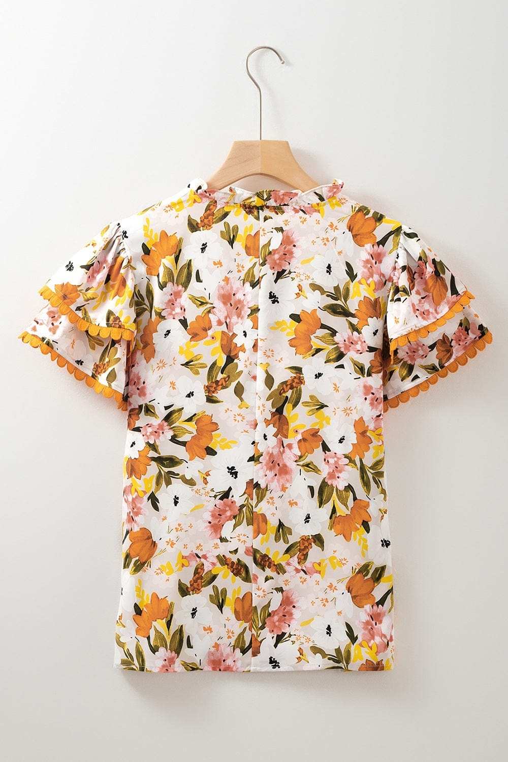 Ruffled Notched Short Sleeve Floral Blouse - Trendsi - Flyclothing LLC