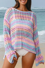 Openwork Side Slit Round Neck Striped Cover Up - Trendsi - Flyclothing LLC