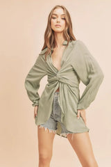 Aemi + Co Tied Collared Neck Long Sleeve Top - Trendsi - Flyclothing LLC