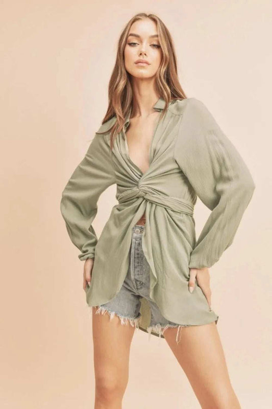 Aemi + Co Tied Collared Neck Long Sleeve Top - Trendsi - Flyclothing LLC