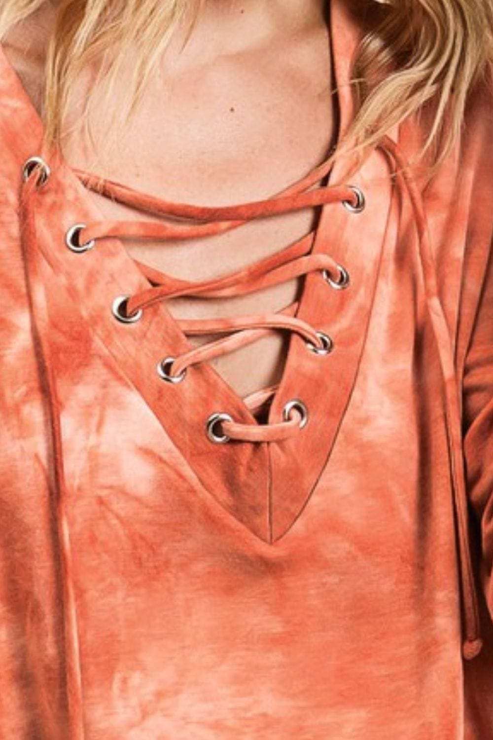 BiBi Lace-Up Tie-Dye French Terry Long Sleeve Top - Trendsi - Flyclothing LLC