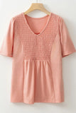Smocked Front V Neck Short Sleeve Top - Trendsi