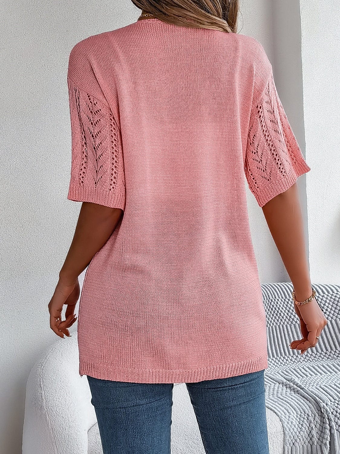 Openwork Open Front Half Sleeve Cardigan - Trendsi