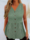 Full Size Eyelet Button Up V-Neck Tank - Trendsi