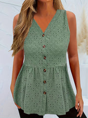 Full Size Eyelet Button Up V-Neck Tank - Trendsi
