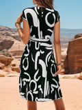Printed Cap Sleeve Tie Waist Dress - Trendsi